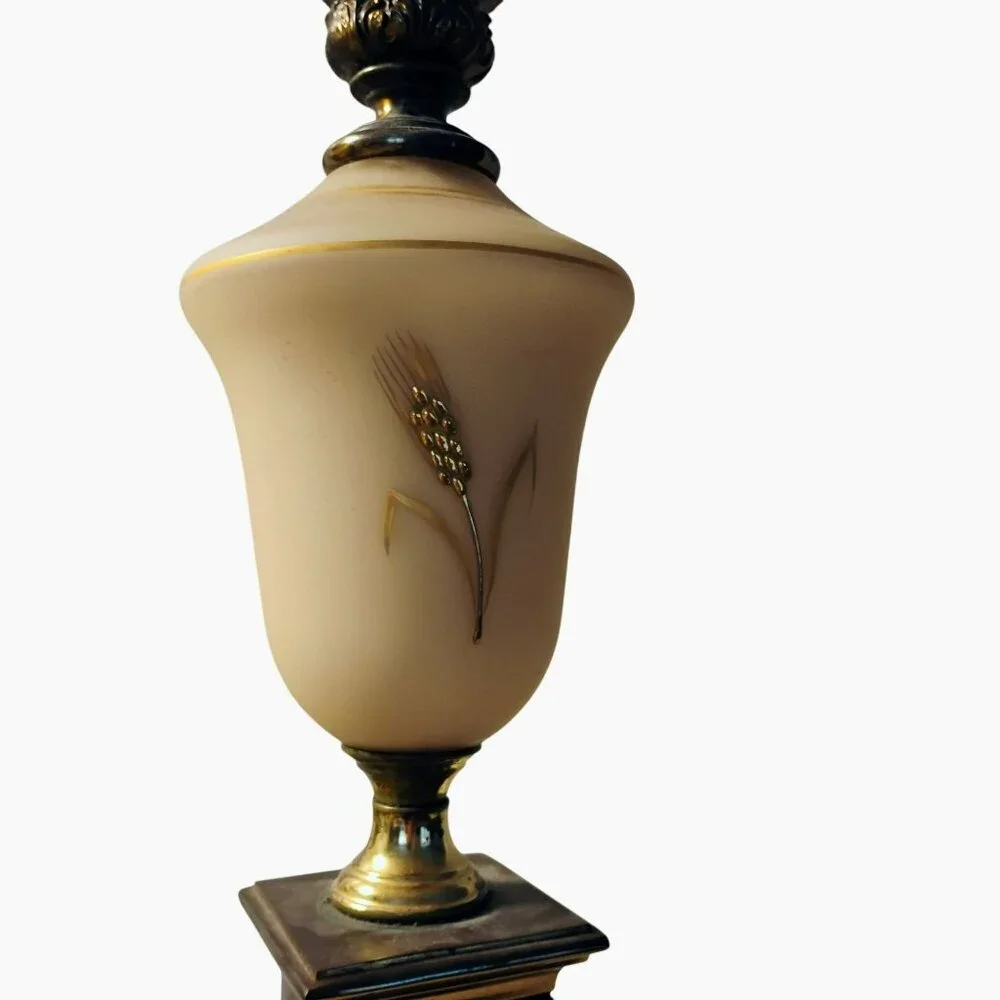 Antique Cream Satin Glass Table Lamp, Hand Painted Gold Wheat, Brass Base, 28